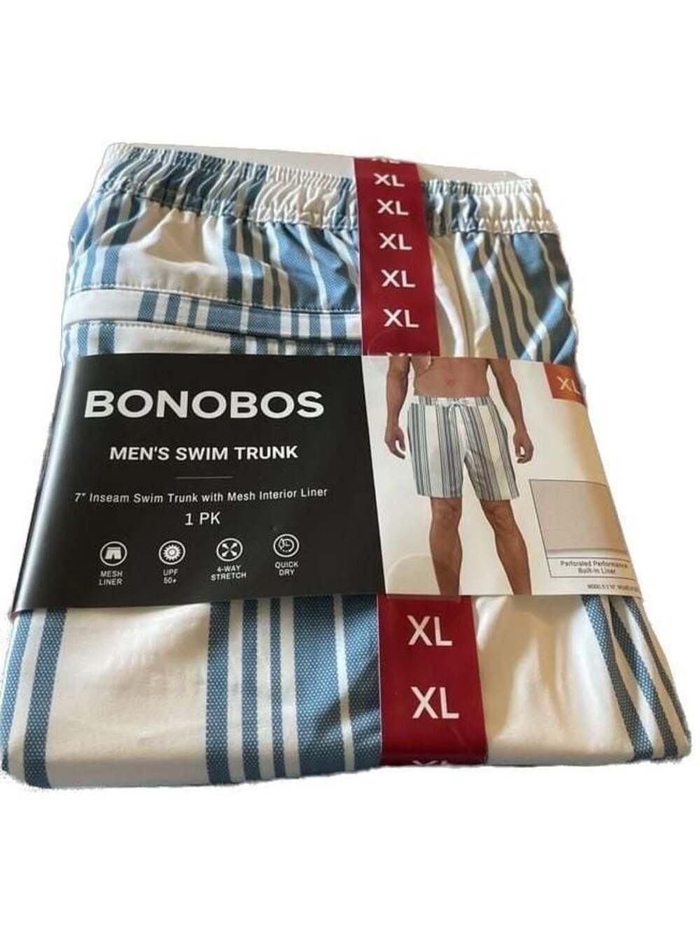 Bonobos Men's 7" Inseam Striped Swim Trunk with Mesh Lining -‎ Blue/White